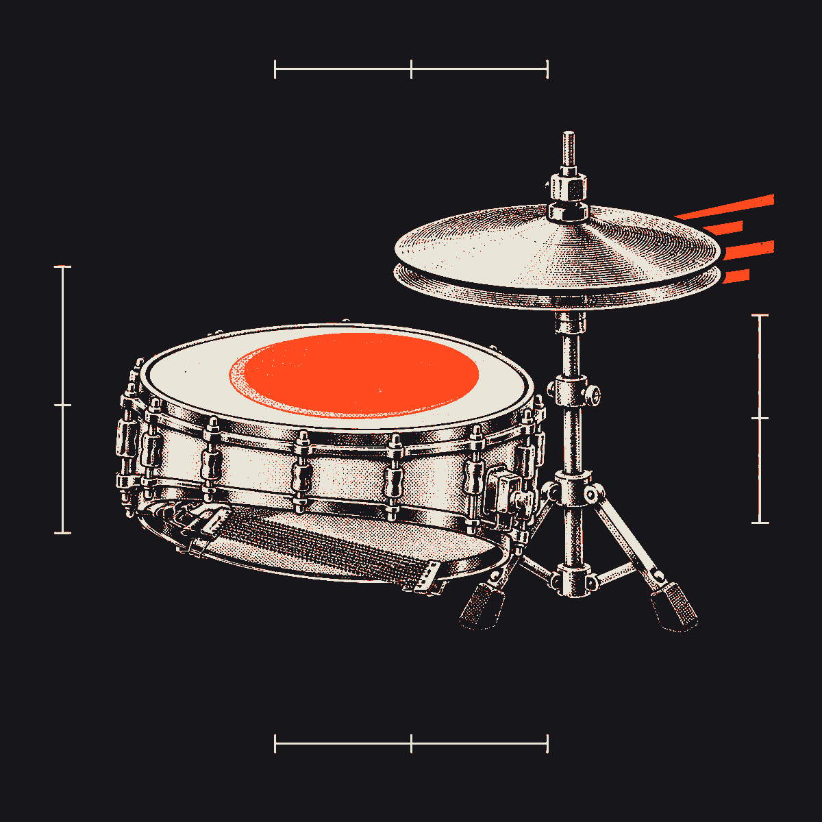 Illustration of a snare drum and a hi-hat on its stand. The centre of the snare head is orange, orange streaks trail from the cymbals, and dimension lines sit around them.